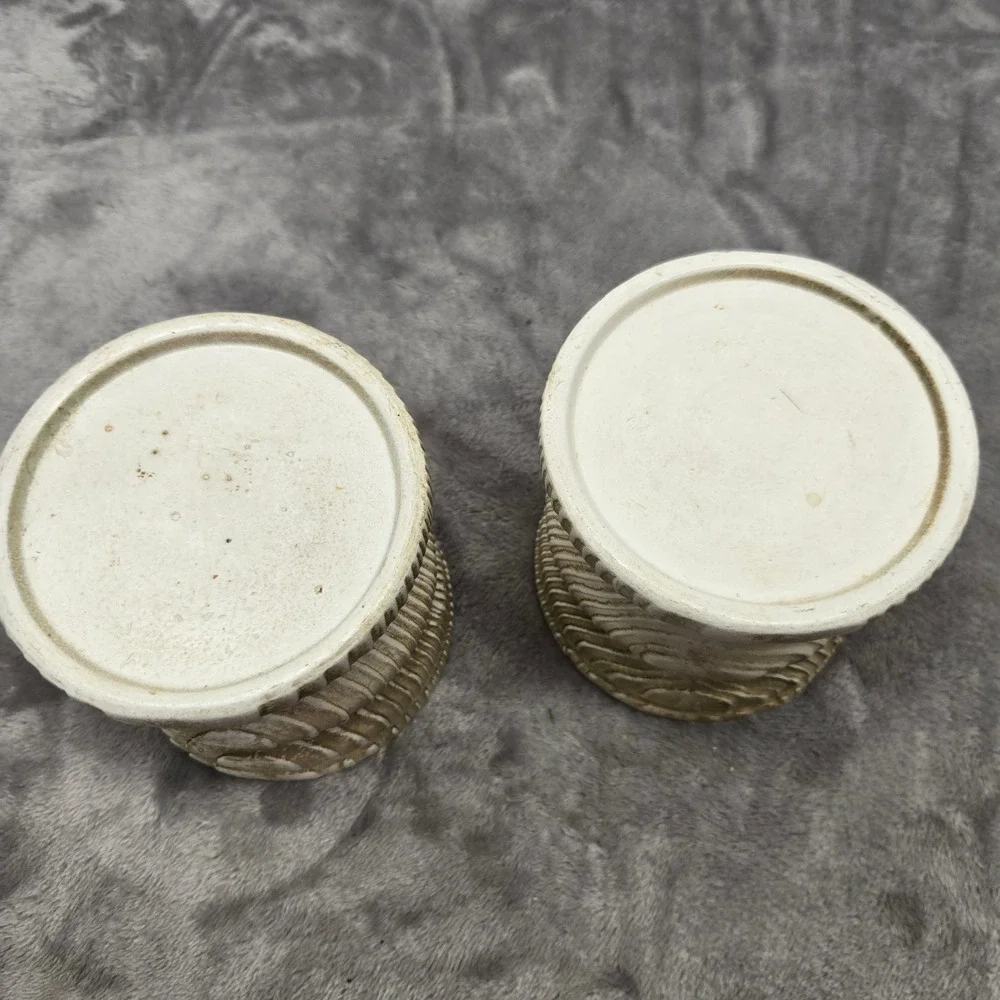 Vintage Japan Pillar‎ Candle Holders Pair Brutalist Textured Cream Brown Wood